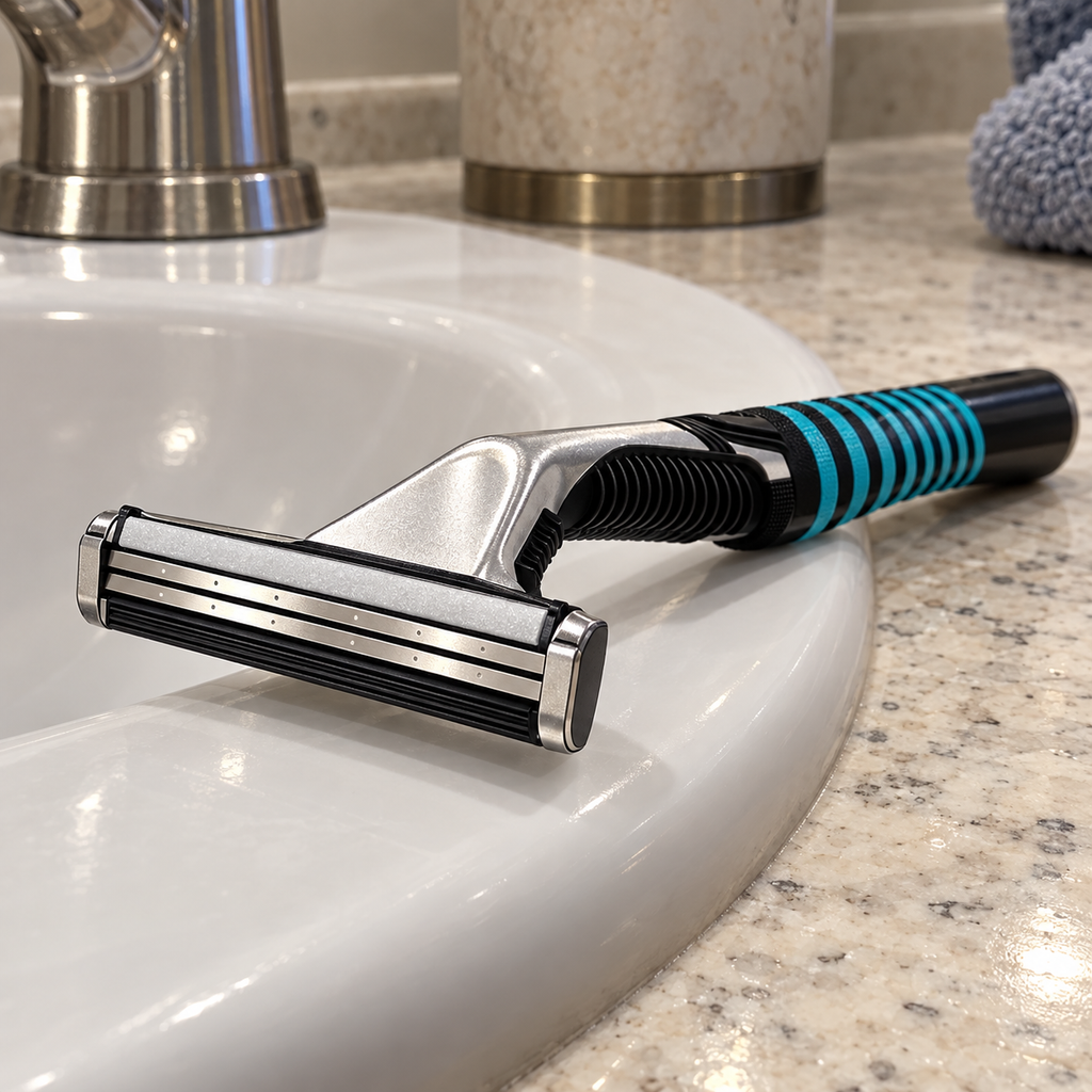 Sensor Excel cartridge air-drying on a compatible handle beside the sink; handle not included