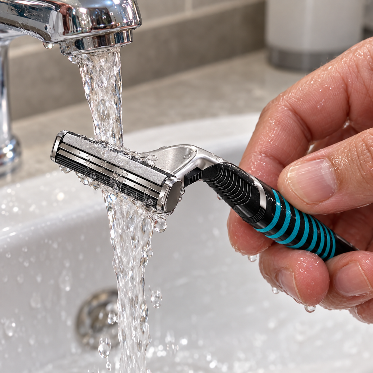 Rinsing a Sensor Excel twin-blade cartridge on a compatible handle; handle not included