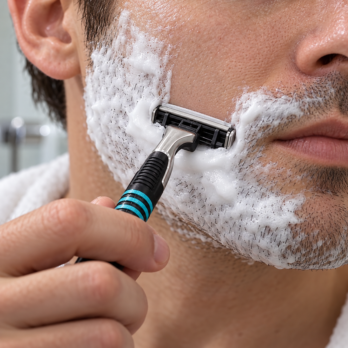 Adult shaving with a Sensor Excel cartridge on a compatible handle; handle not included
