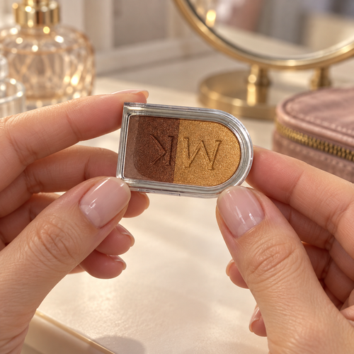 Hands holding a covered Safari Sunset two-color Mary Kay Signature refill at a vanity