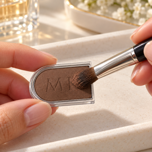 A brush picking up Hazelnut eye color from a Mary Kay Signature refill pan