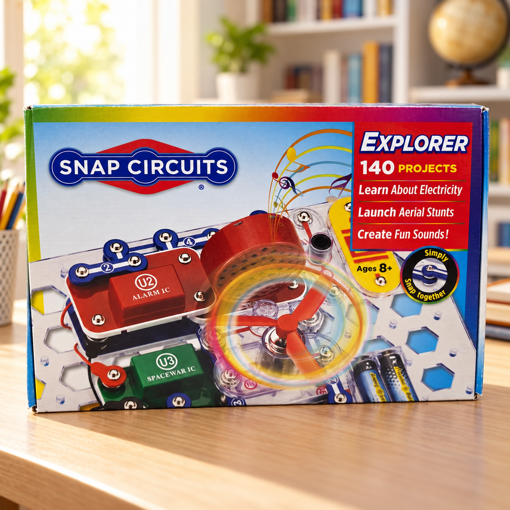 Snap Circuits Explorer 140 Projects boxed kit in a styled home study setting