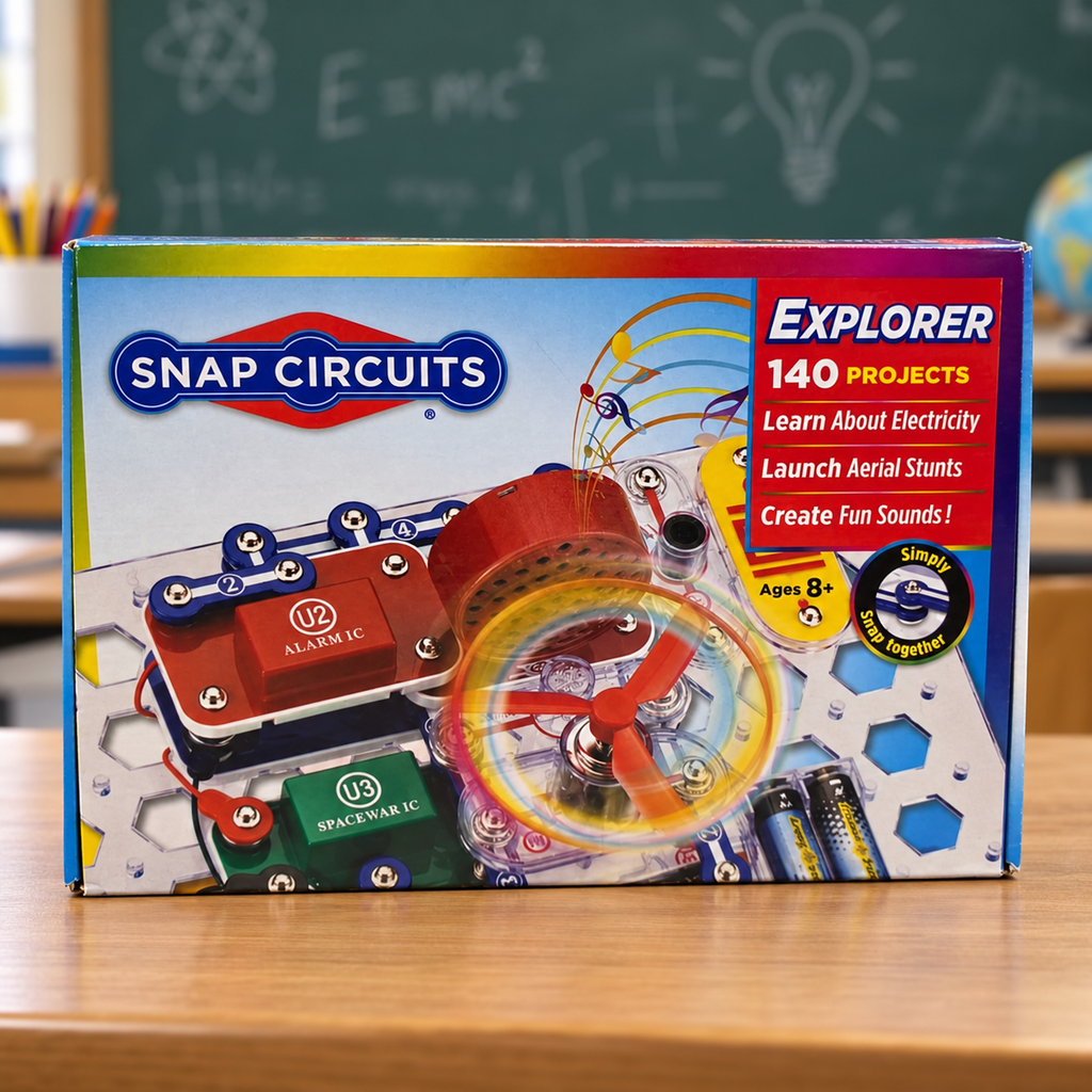 Snap Circuits Explorer 140 Projects boxed kit in a styled classroom setting