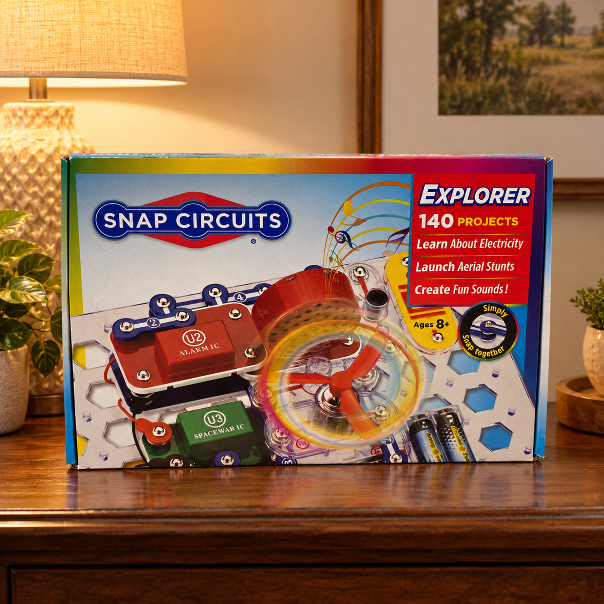 Snap Circuits Explorer 140 Projects boxed kit in a styled home gift display setting