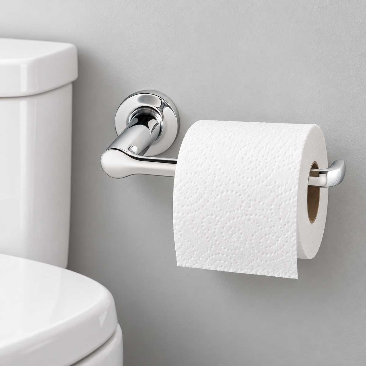 AI-generated context: toilet paper roll on Studio S chrome holder beside toilet; props not included