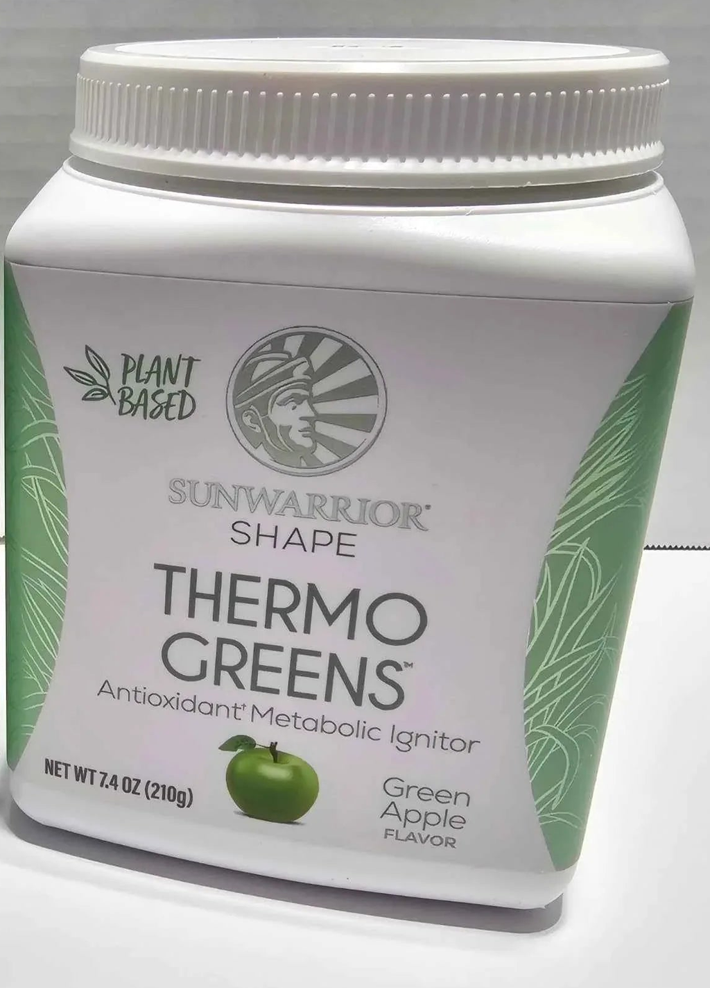 Sunwarrior Shape Thermo Greens Green Apple powder, 7.4 oz (210 g) front-facing tub.