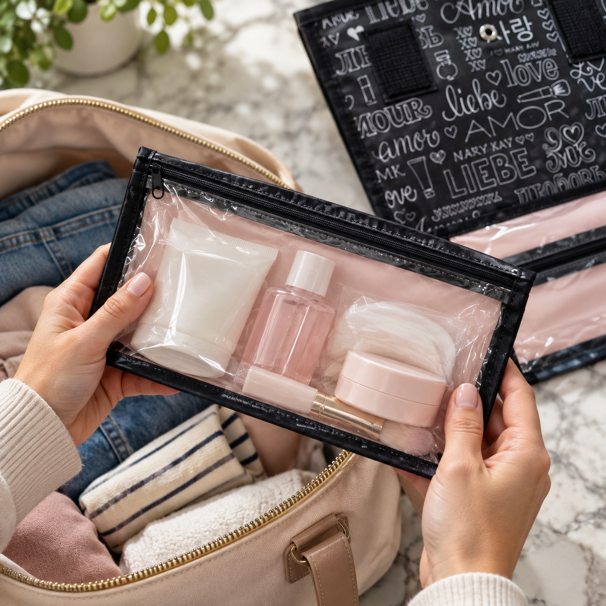 Hands hold a clear pink-backed Mary Kay removable pouch above an overnight bag.