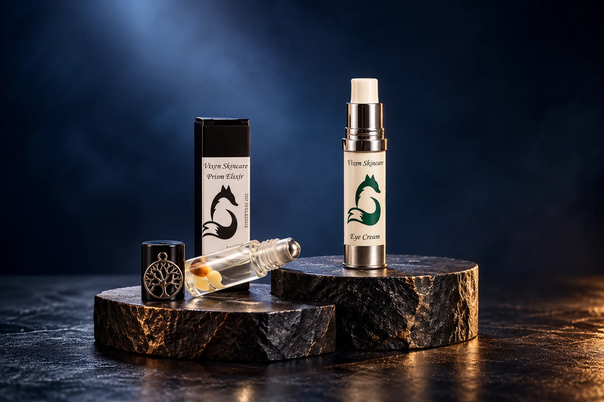 Vixen eye-cream dispenser and crystal essential-oil roller in a styled collection illustration