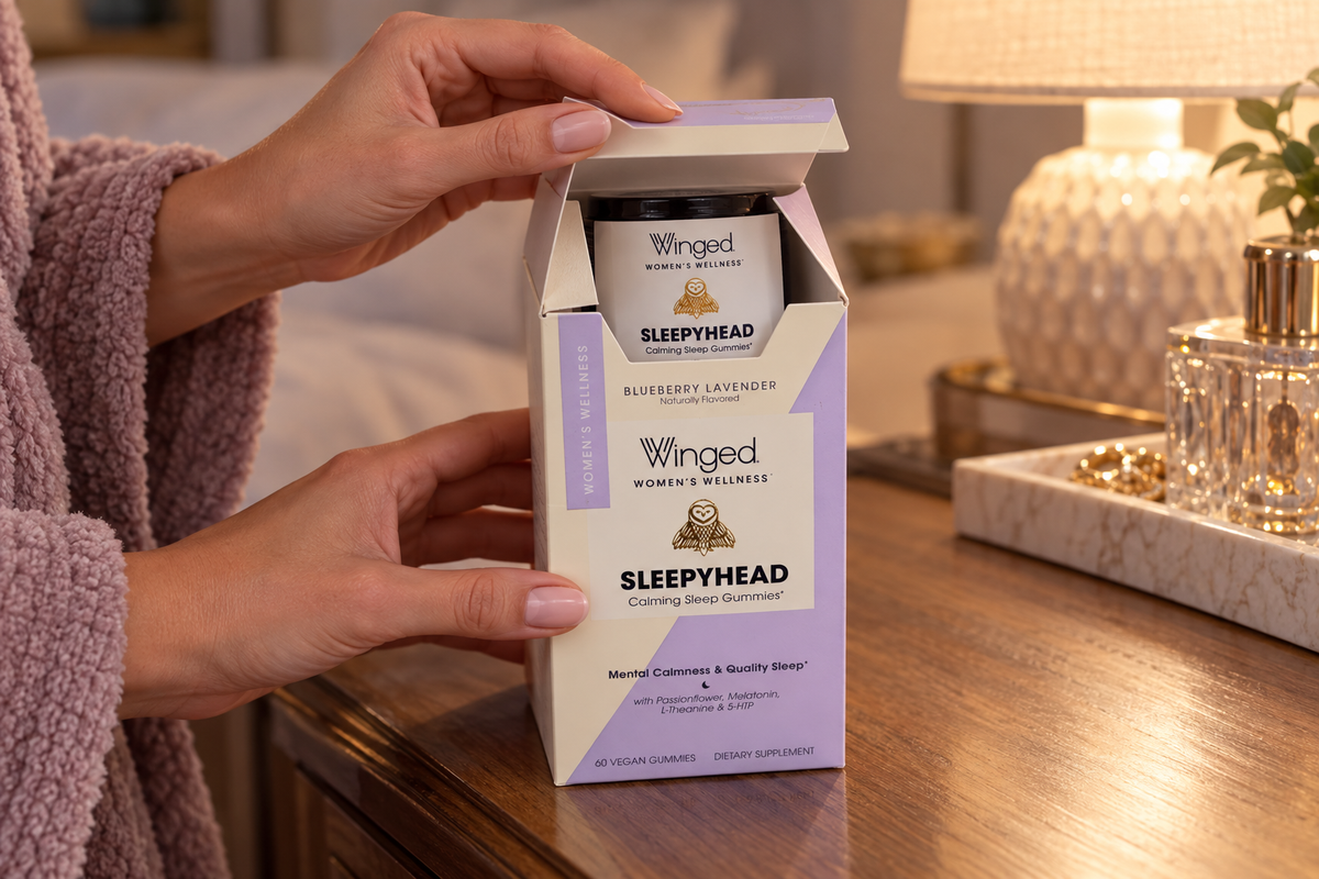 Opening a Winged Sleepyhead Blueberry Lavender carton before an evening routine.