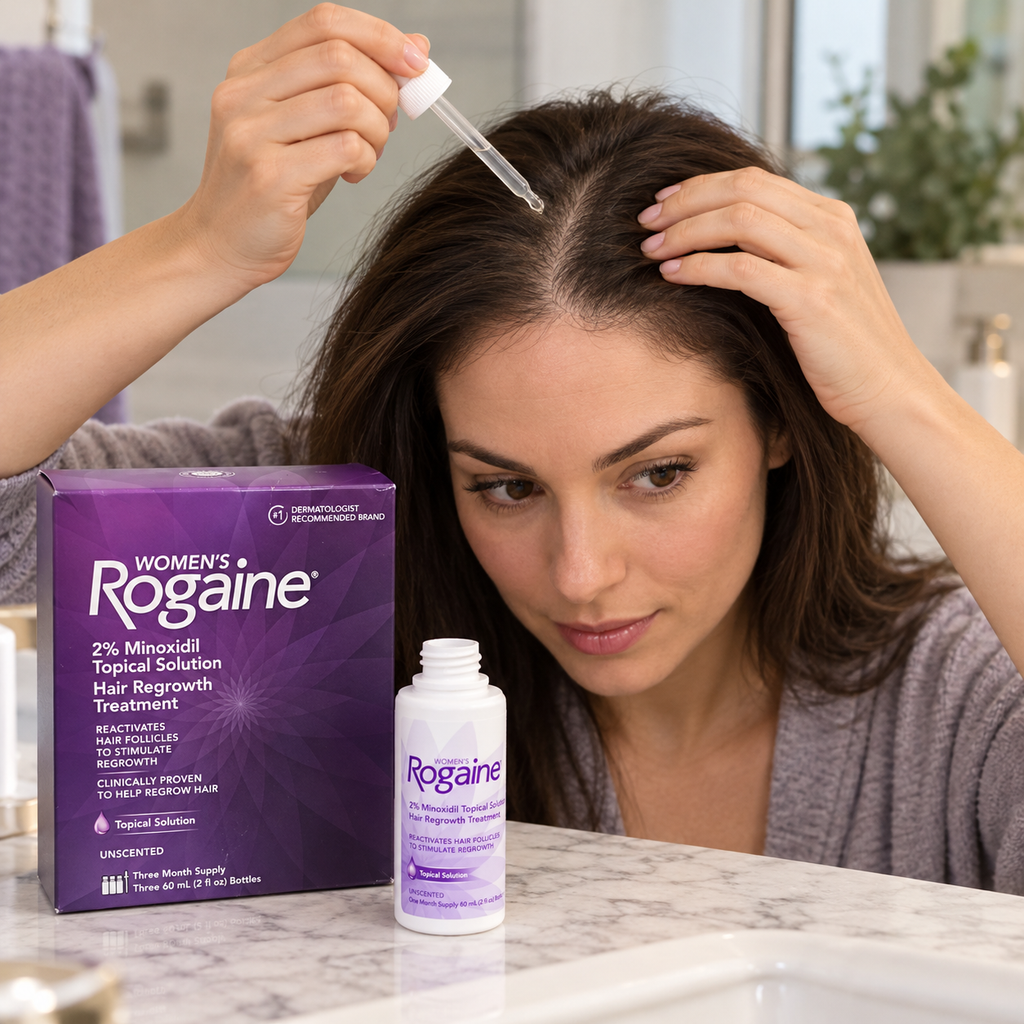 Applying Women’s Rogaine solution to the parted scalp with a dropper