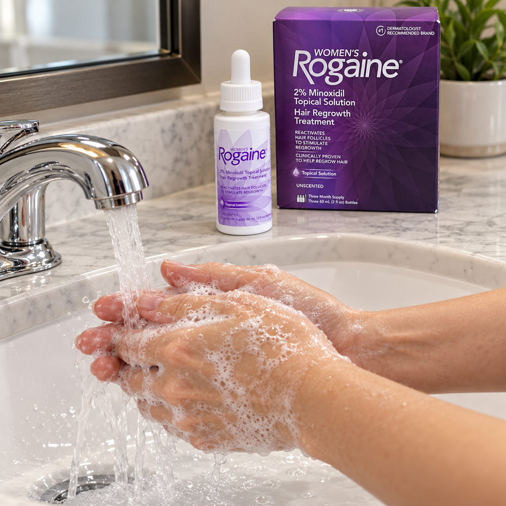 Washing hands after applying Women’s Rogaine solution