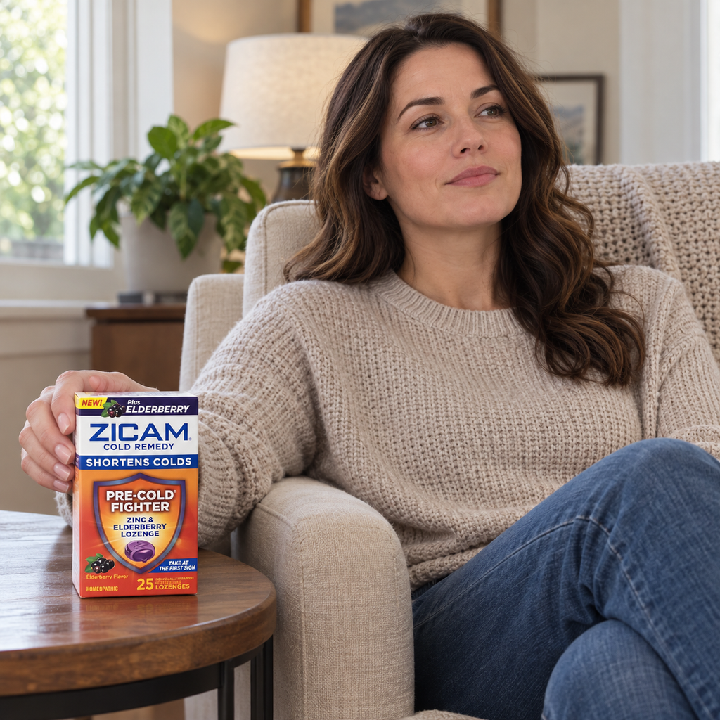An adult holding the Zicam Elderberry carton while seated