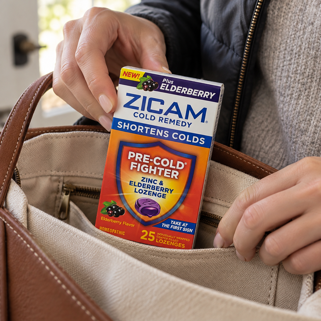 Packing Zicam Elderberry lozenges in a tote pocket