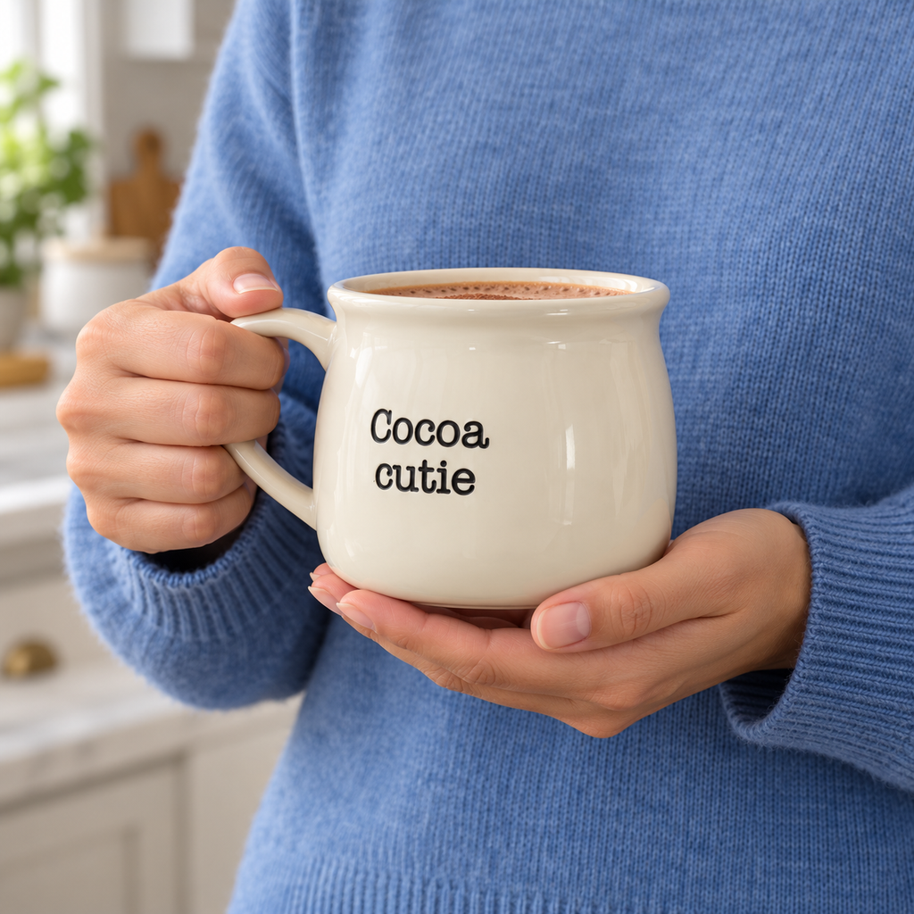 Adult holding the cream Cocoa cutie mug by its handle and base, showing its rounded shape.