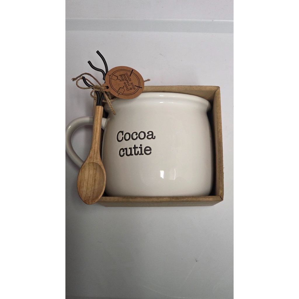 Actual Mud Pie Cocoa Cutie cream mug and wooden roasting-stick spoon in the original brown display box.