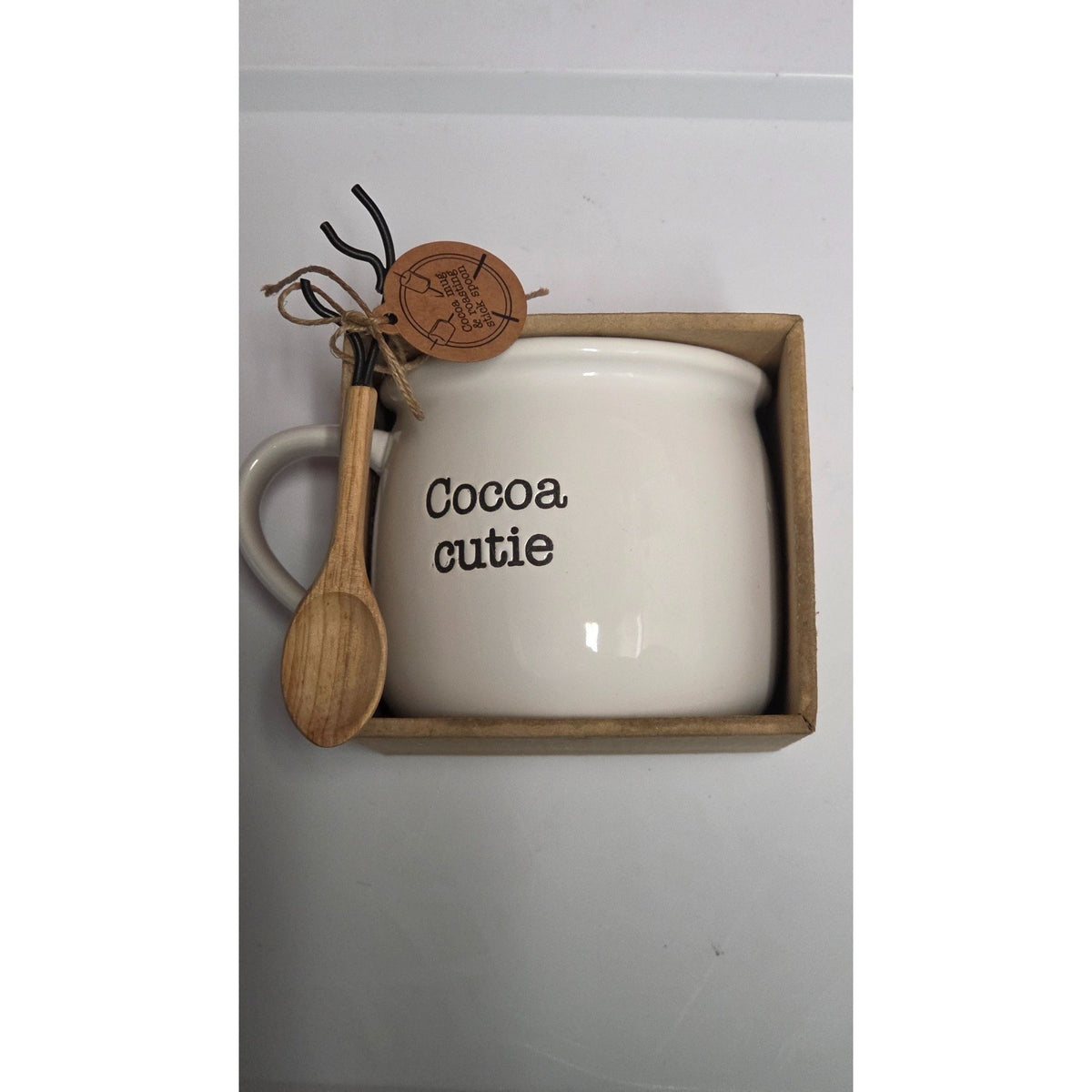 Actual Mud Pie Cocoa Cutie cream mug and wooden roasting-stick spoon in the original brown display box.