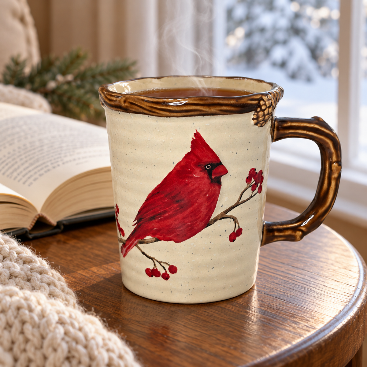 Snow Valley cardinal mug with tea beside an open book