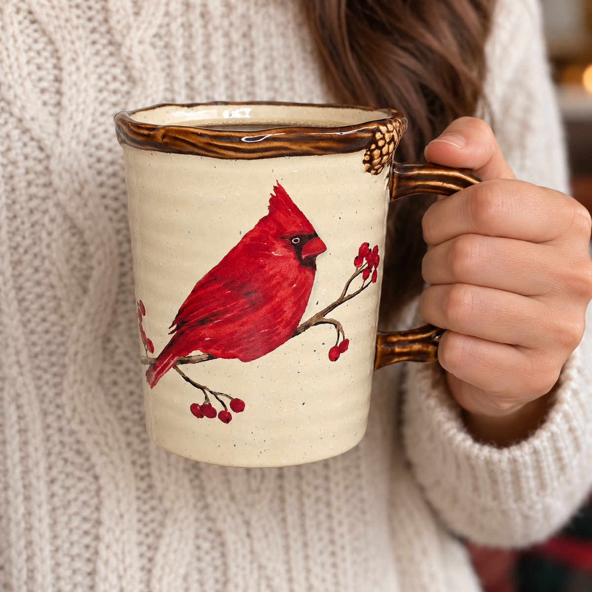 Hand holding the Snow Valley cardinal mug