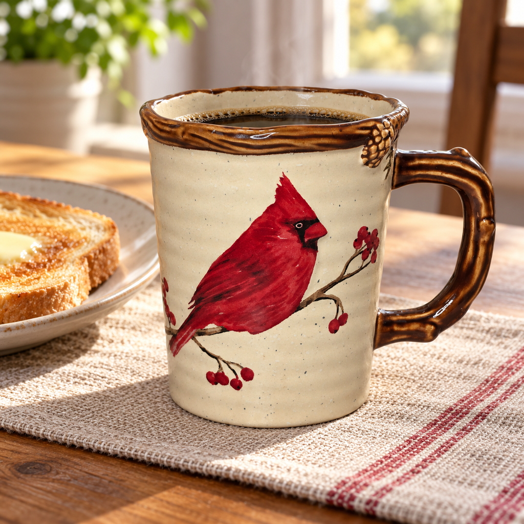 Snow Valley cardinal mug with coffee beside breakfast toast