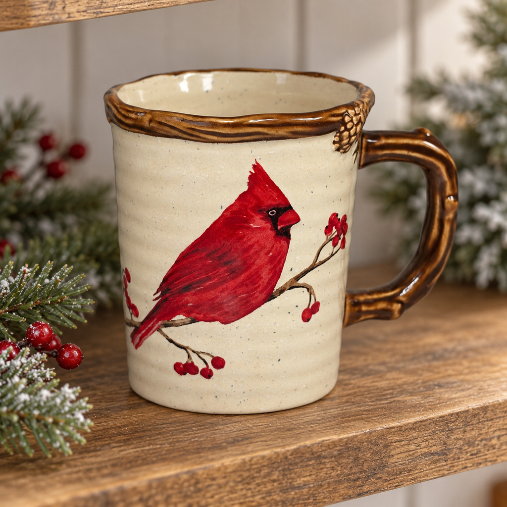 Snow Valley cardinal mug displayed on a kitchen shelf