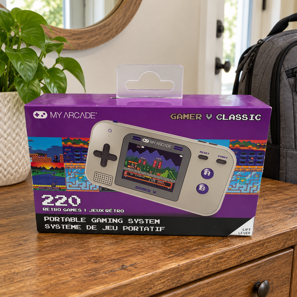 My Arcade Gamer V Classic retail box in a travel-ready entryway setting