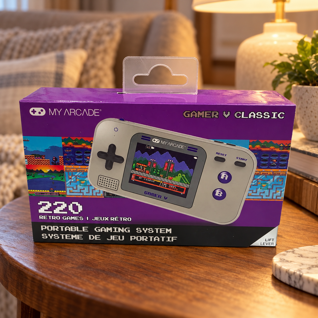 My Arcade Gamer V Classic retail box in a reading nook setting
