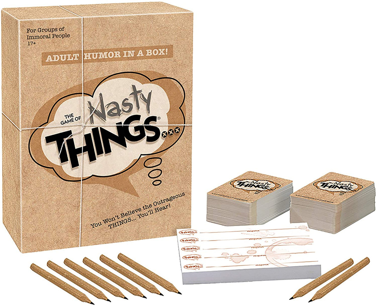 The Game of Nasty THINGS 17+ edition box with topic cards, response pad and eight pencils