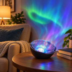 AI-generated lifestyle illustration of the National Geographic Aurora Light Projector in a reading nook; aurora pattern illustrative, furniture and props not included.