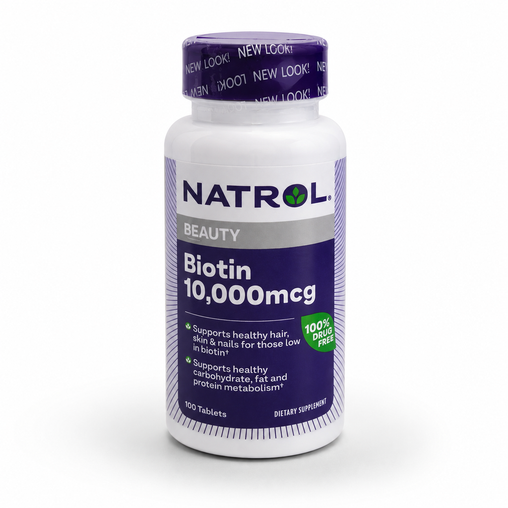 AI-generated angled product image of Natrol Biotin Beauty 10,000 mcg, 100 tablets bottle.