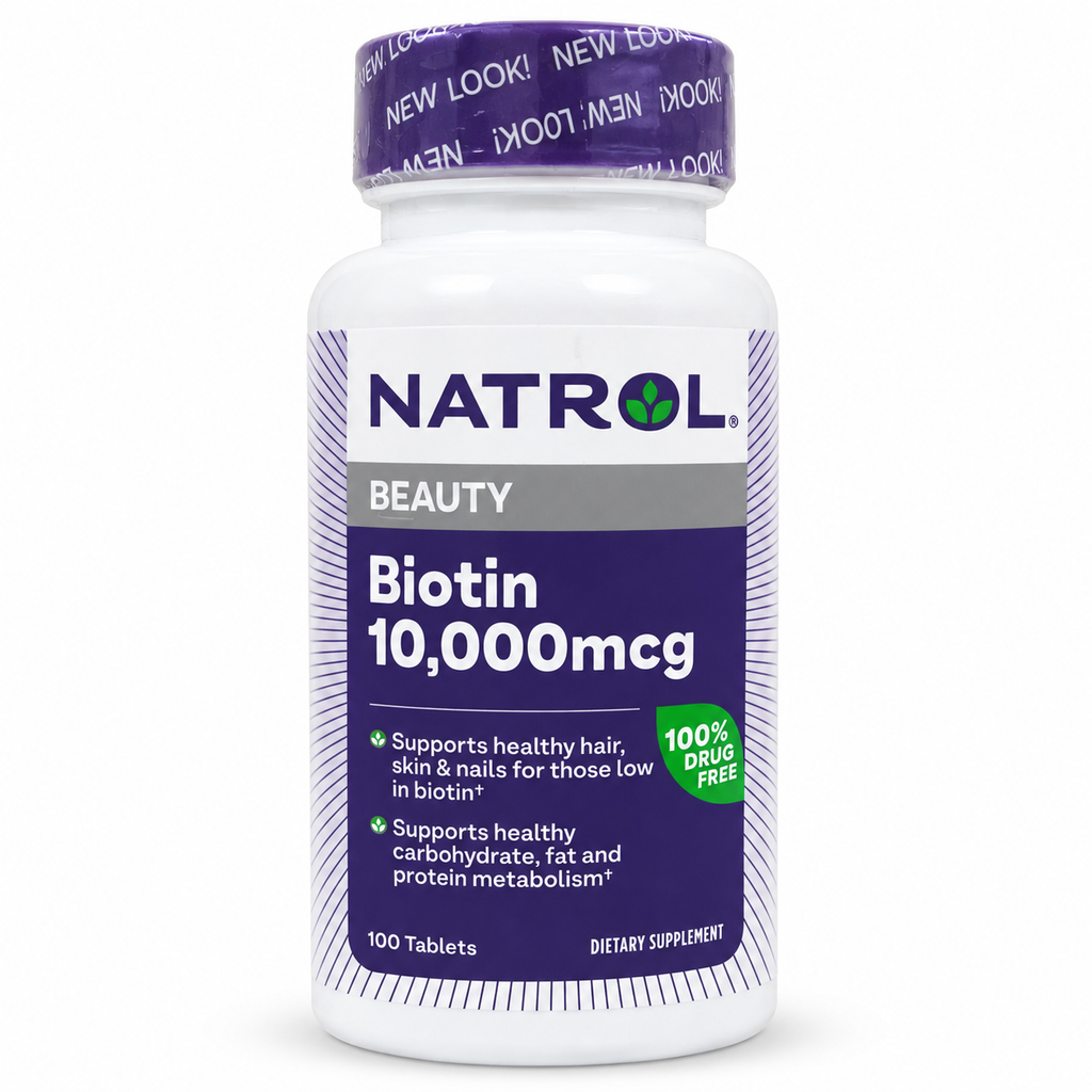 AI-generated clean front catalog image of Natrol Biotin Beauty 10,000 mcg, 100 tablets.