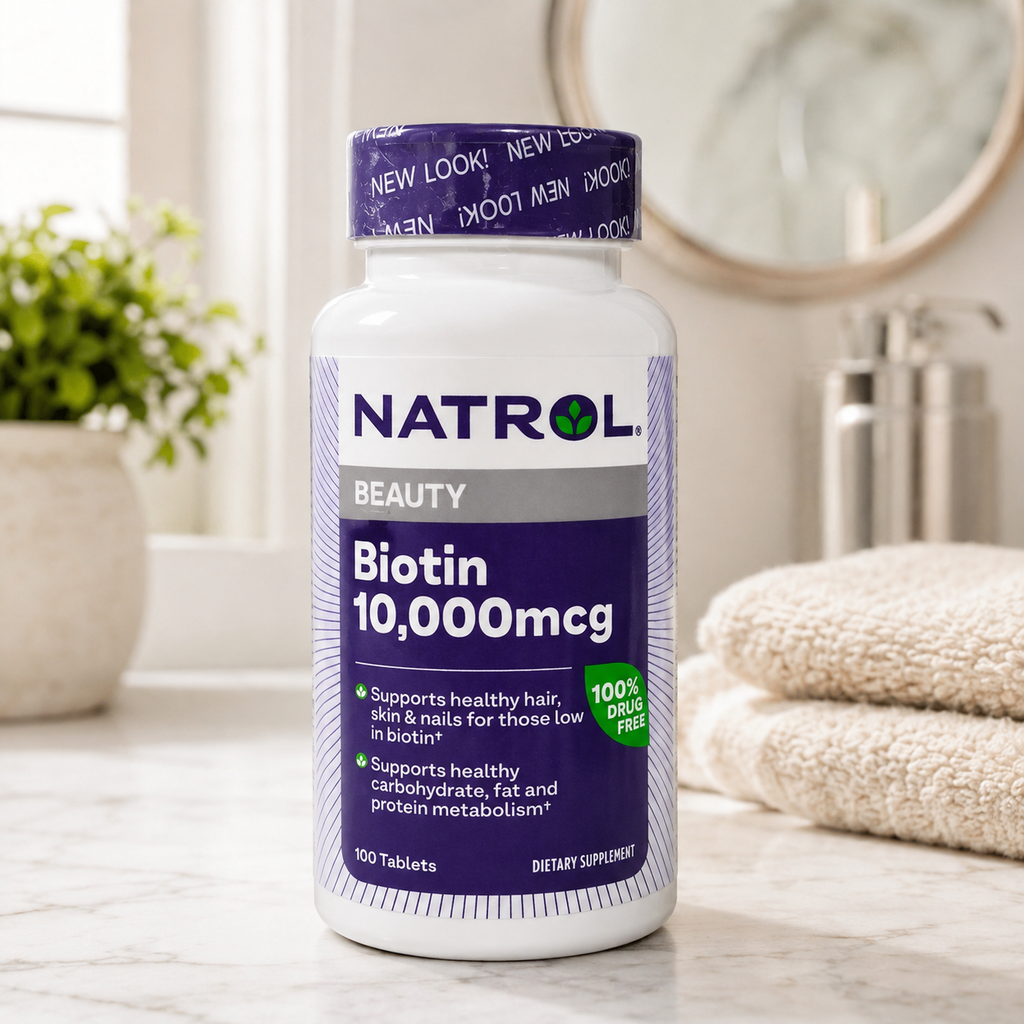AI-generated vanity-context image of Natrol Biotin Beauty 10,000 mcg, 100 tablets bottle.