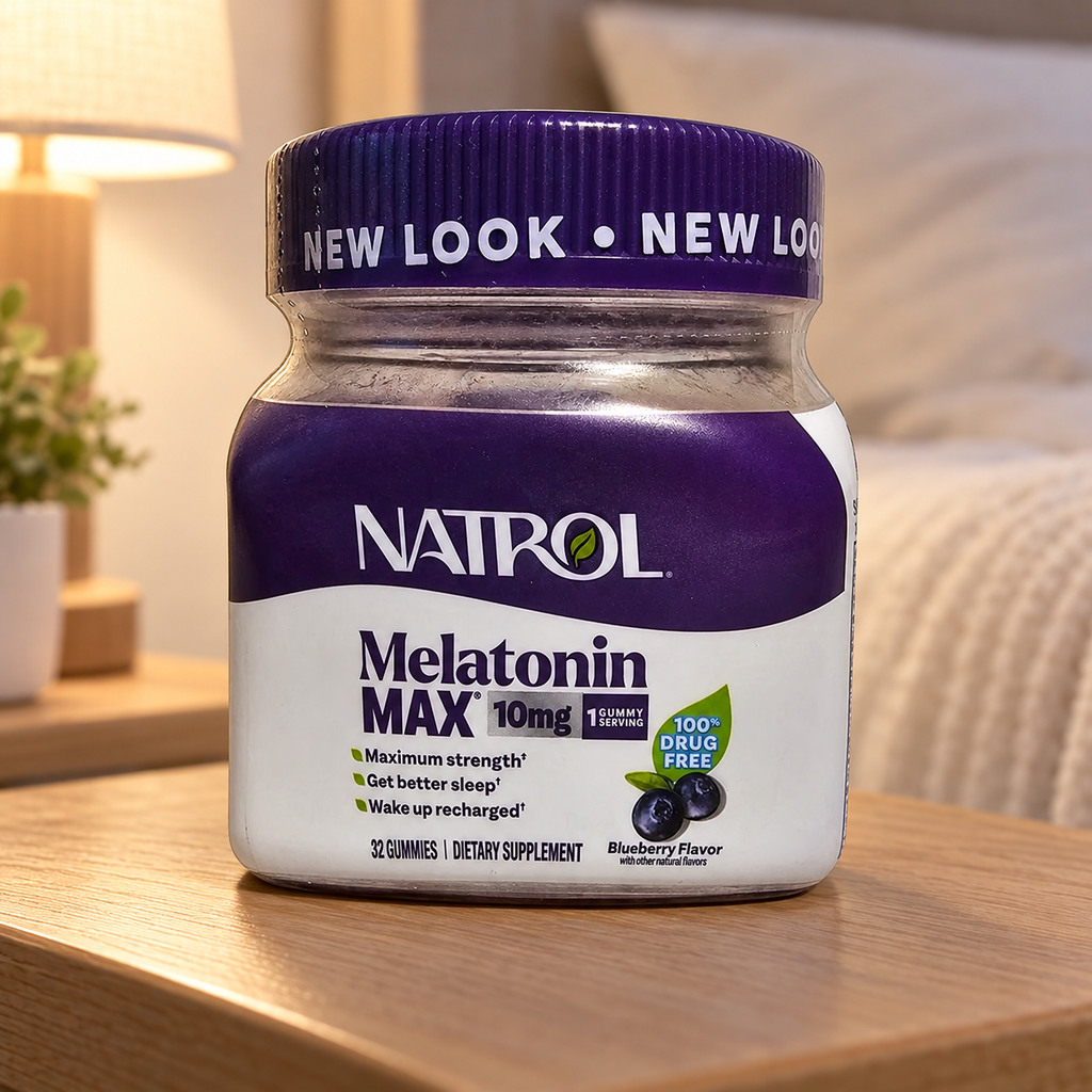 Natrol Melatonin MAX 10 mg Blueberry, 32 gummies, on a wooden bedside table