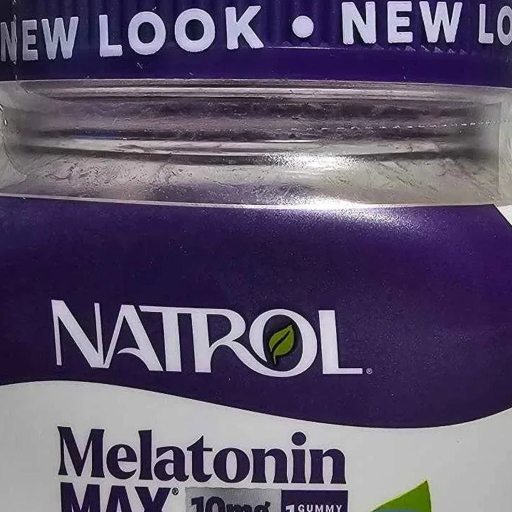 Actual photo detail of Natrol Melatonin MAX 10mg blueberry gummies front label