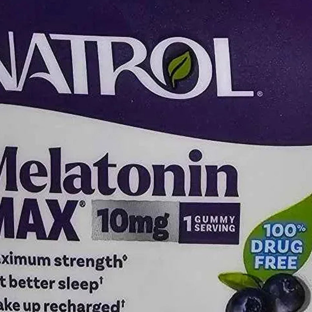Actual photo detail of Natrol Melatonin MAX blueberry gummies 32 count label