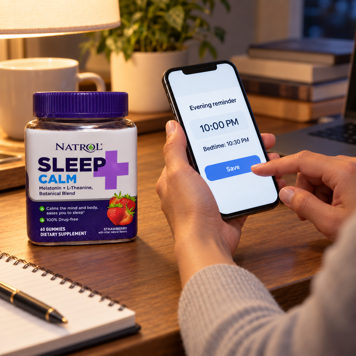 Adult setting an evening reminder beside a capped Natrol Sleep+ Calm 60-count bottle.