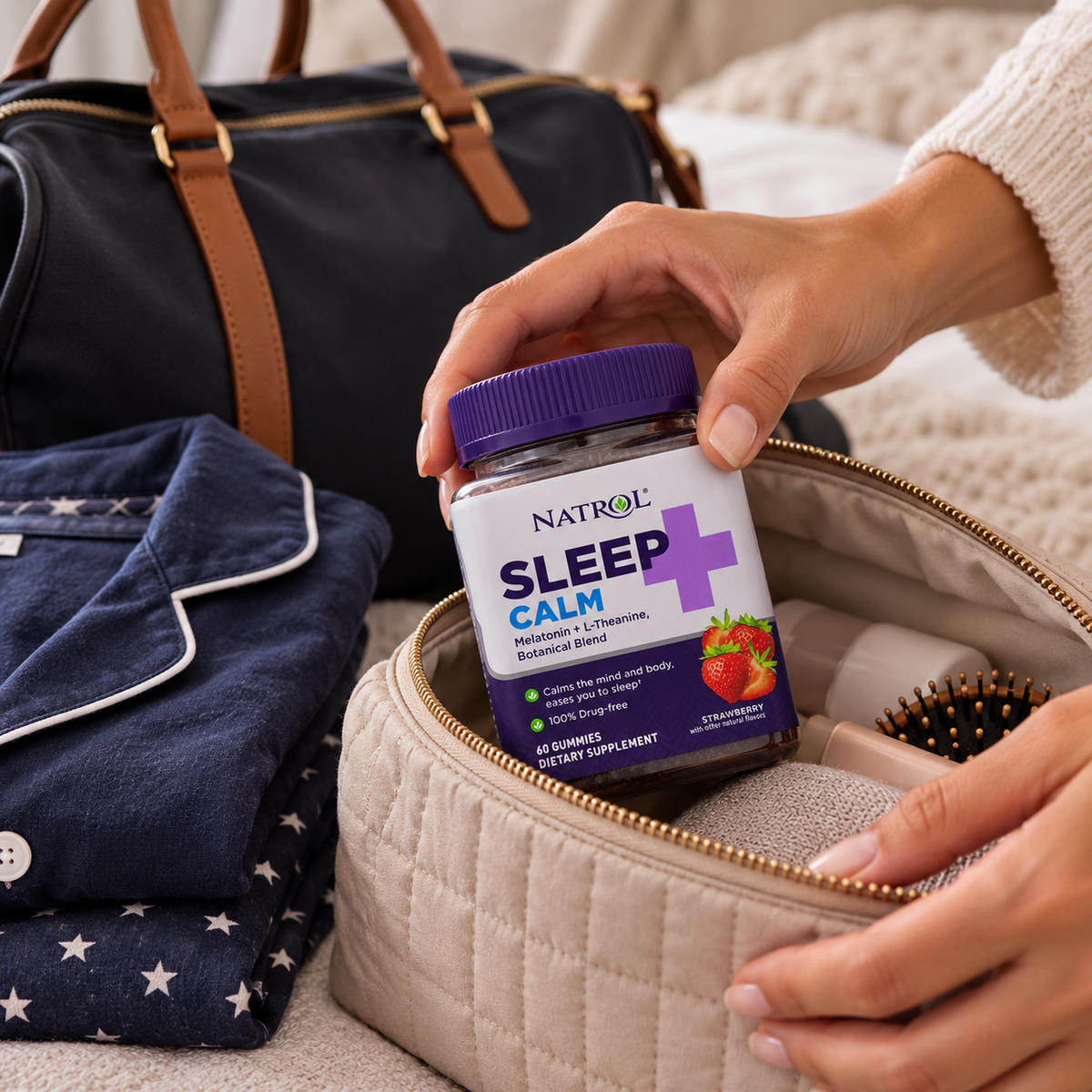 Packing Natrol Sleep+ Calm with sleepwear for a trip