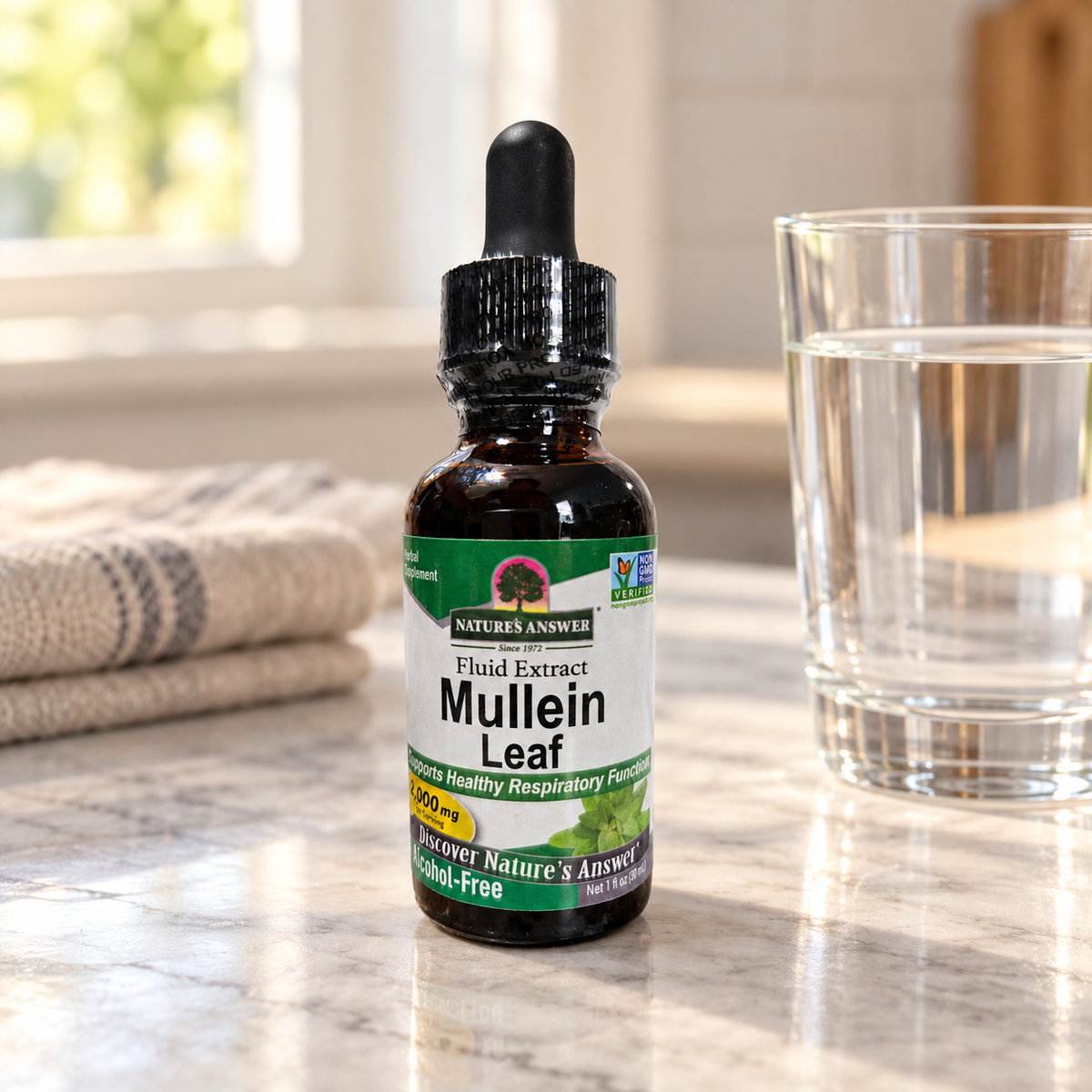 AI-generated illustrative scene of the closed Nature's Answer Mullein Leaf Alcohol-Free Extract, 1 fl oz package on a kitchen counter beside water.