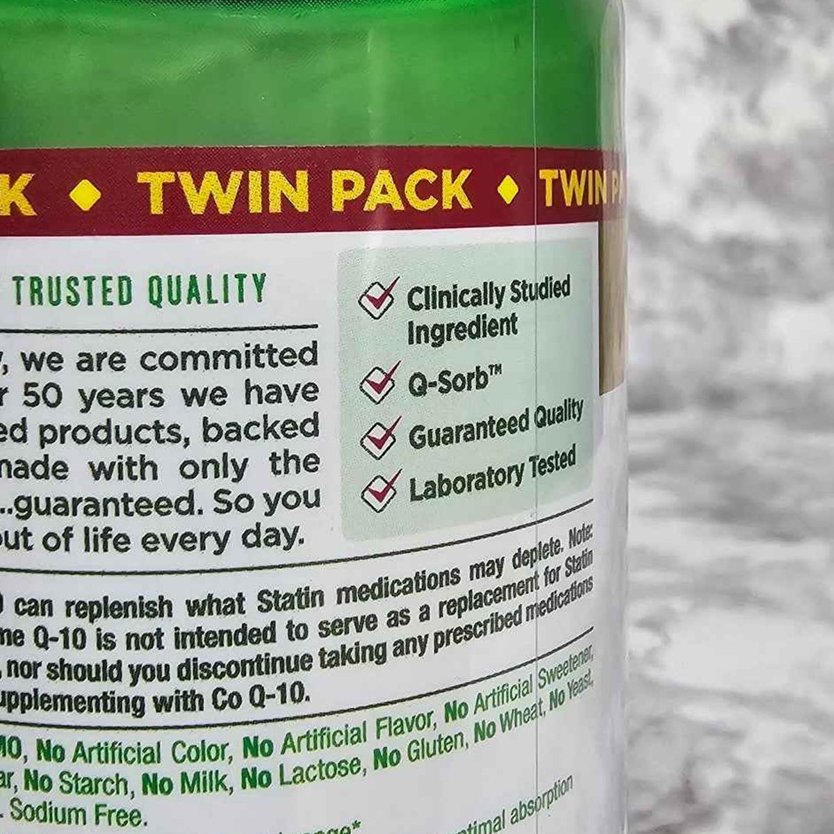 Actual photo detail of Nature's Bounty CoQ-10 Supplement Facts label