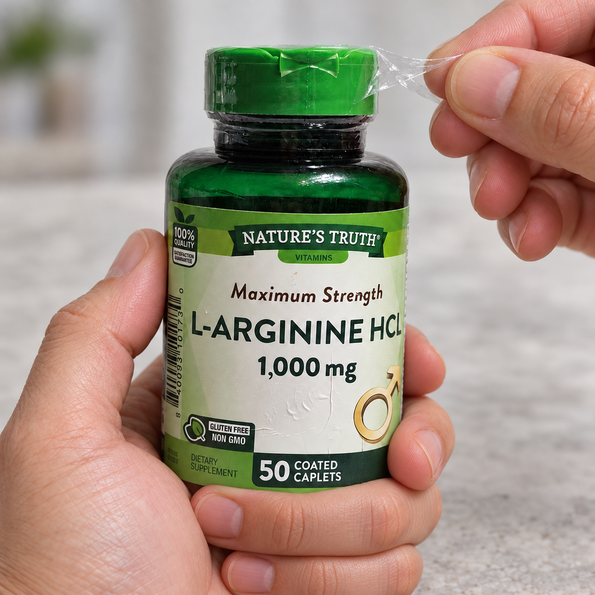 Opening the seal on the Nature’s Truth L-Arginine HCl bottle