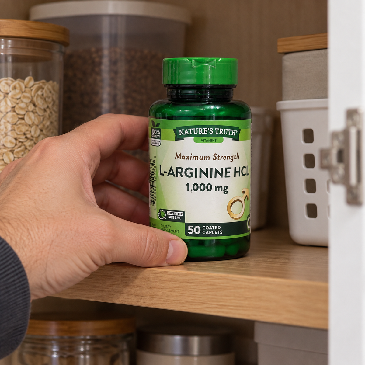 Returning the capped L-Arginine HCl bottle to a dry cupboard