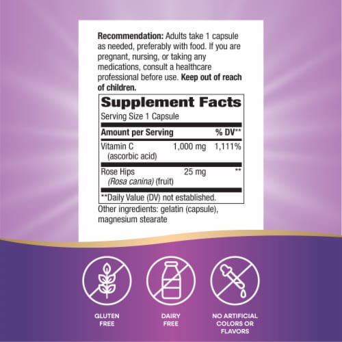 Manufacturer-style supplement facts image for Nature's Way Extra Strength Vitamin C with Rose Hips 1000 mg, 100 capsules.