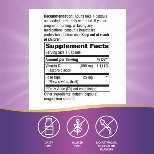 Manufacturer-style supplement facts image for Nature's Way Extra Strength Vitamin C with Rose Hips 1000 mg, 250 capsules.