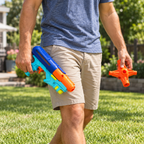 Carrying the Nerf Power Drench blaster and orange refill station across the yard; AI-generated lifestyle illustration.