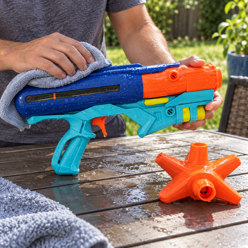 Wiping the Nerf Power Drench blaster after outdoor play; AI-generated lifestyle illustration.