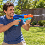 Playing outdoors with the blue Nerf Power Drench water blaster; AI-generated lifestyle illustration.