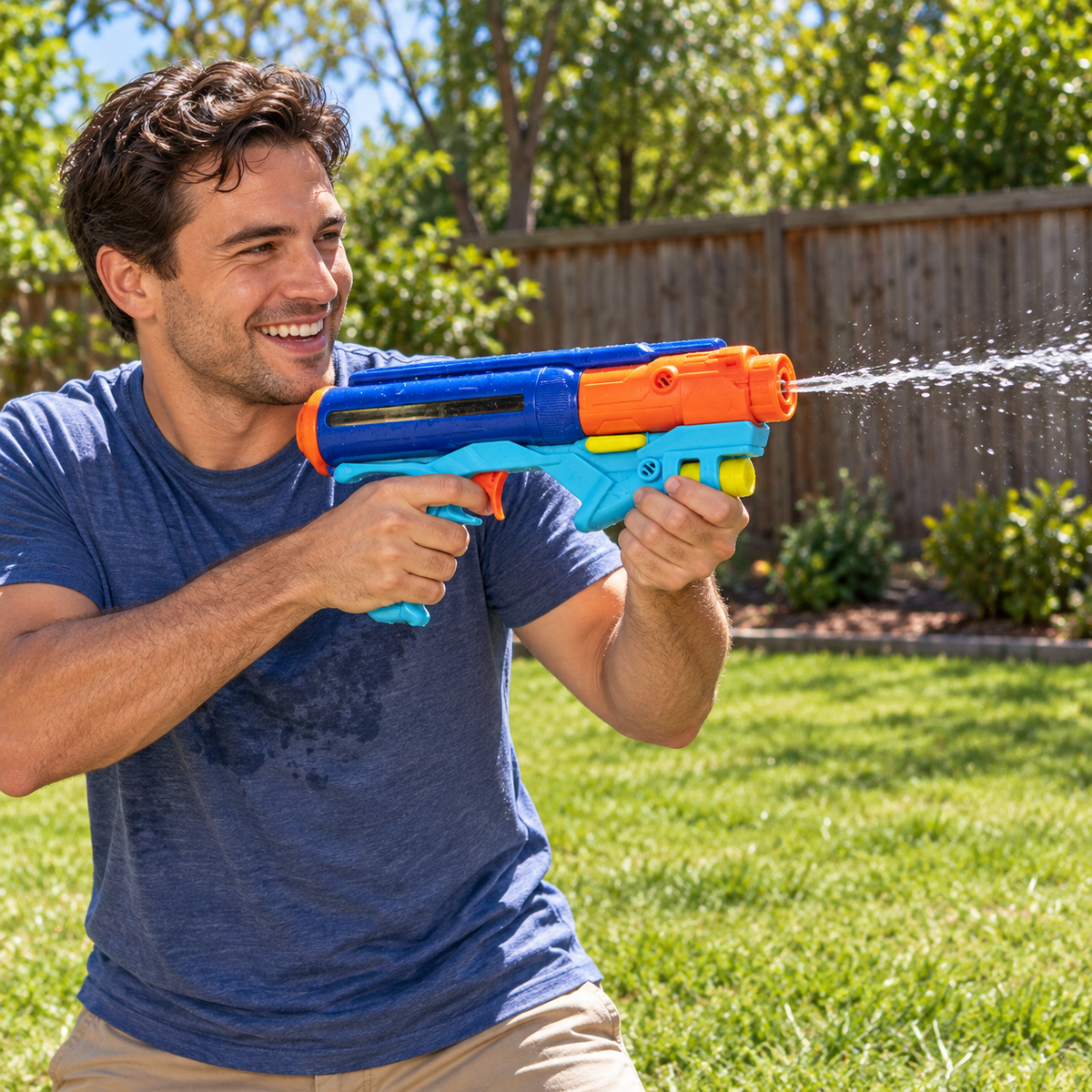Playing outdoors with the blue Nerf Power Drench water blaster; AI-generated lifestyle illustration.