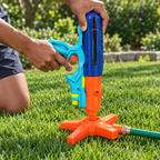 Pressing the Nerf Power Drench nozzle down into its hose-connected refill station; AI-generated lifestyle illustration.