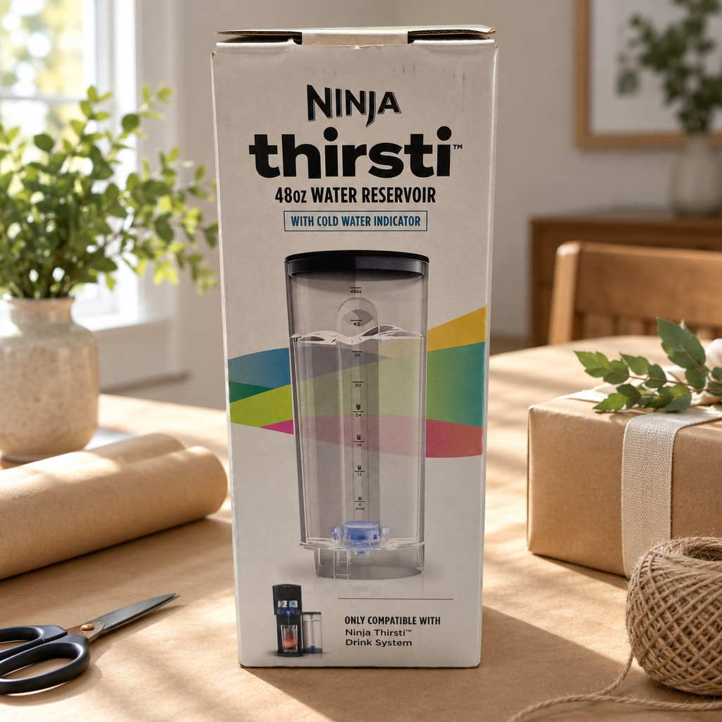 AI-generated lifestyle illustration of one boxed Ninja Thirsti 48 oz water reservoir on a housewarming table. Background props not included.