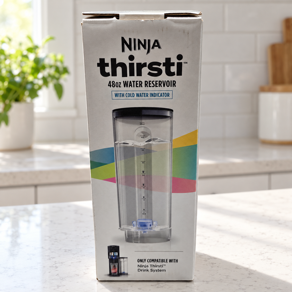 Boxed Ninja Thirsti 48 oz reservoir on a kitchen counter; AI-generated lifestyle illustration.