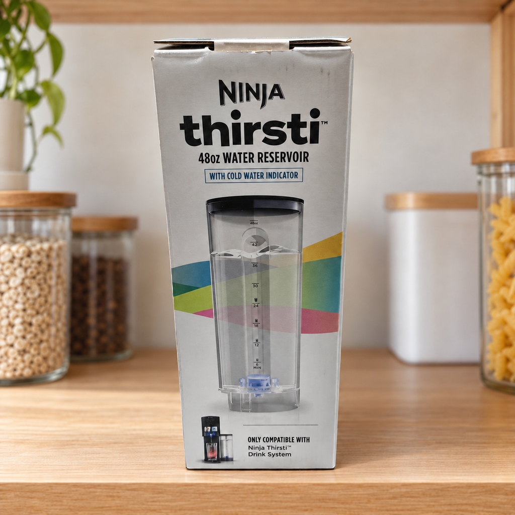Boxed Ninja Thirsti 48 oz reservoir on a pantry counter; AI-generated lifestyle illustration.